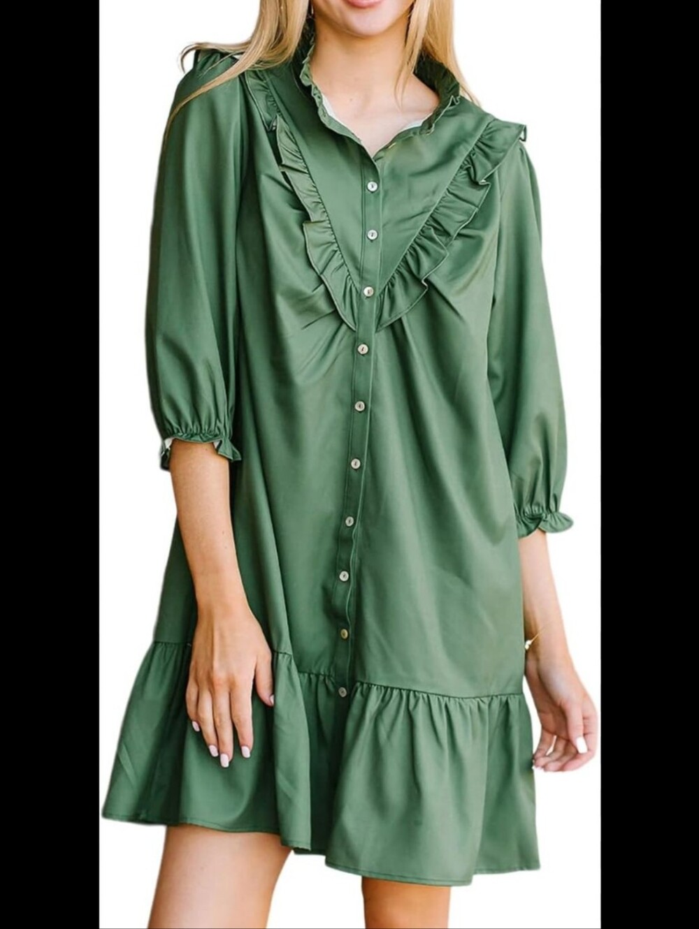 Ruffled Button-Front Mini Dress in Olive Green